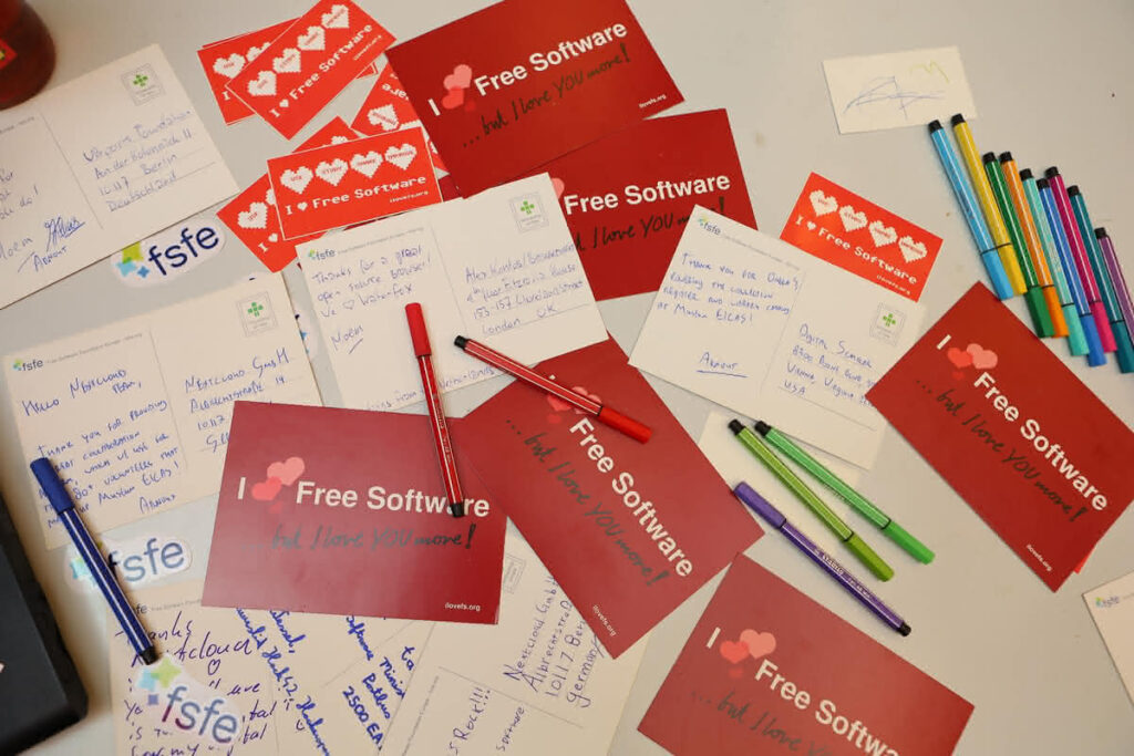 Written I Love Free Software postcards